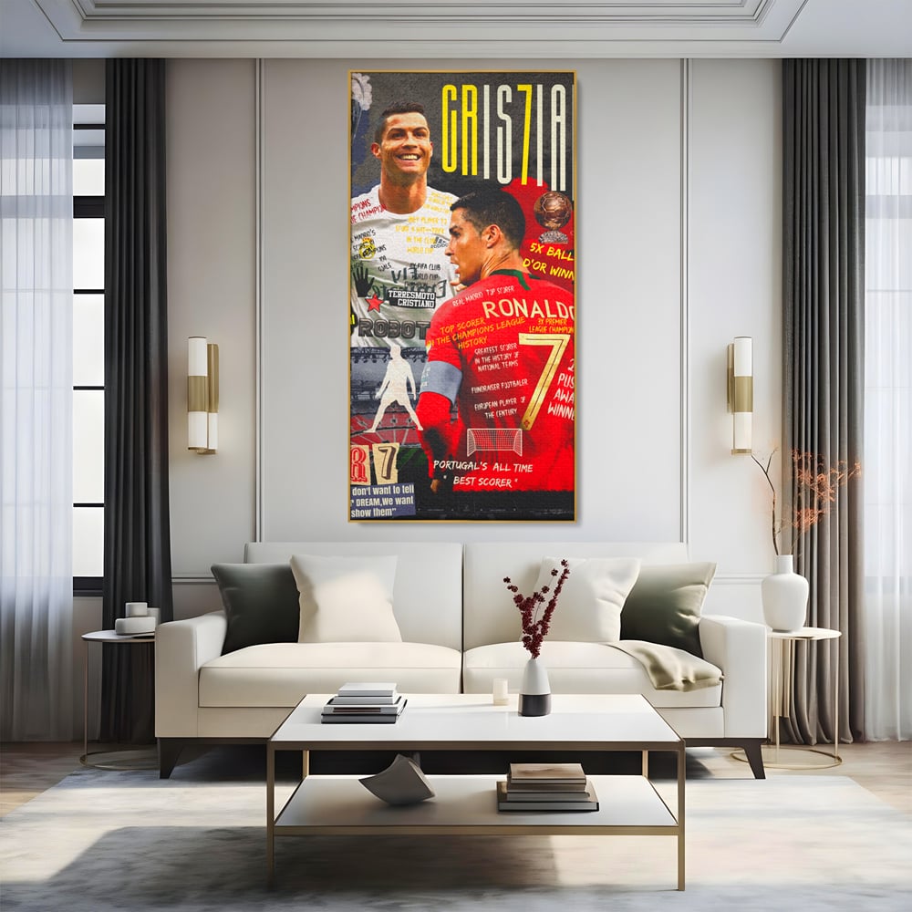 Tablou canvas cu tablou canvas cu cristiano ronaldo, in rama de aluminiu auriu, pe perete intr-un living